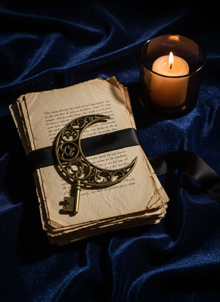 An antique brass key with intricate filigree in the shape of a crescent moon rests atop a stack of weathered story manuscripts tied with black silk ribbon. The stack sits on a velvety midnight-blue fabric, its folds catching tiny highlights like ripples in shadow. A single lit candle in a smoked-glass holder stands nearby, its flame casting warm, flickering light that contrasts with the cool, ambient darkness of the room. Soft, cinematic side lighting creates a chiaroscuro effect, emphasizing textures of metal, paper fibers, and ribbon. Shot from a slightly elevated angle in photographic realism, the composition uses the rule of thirds to suggest an elegant, enigmatic atmosphere, perfect for a blog of haunting and delicate tales.