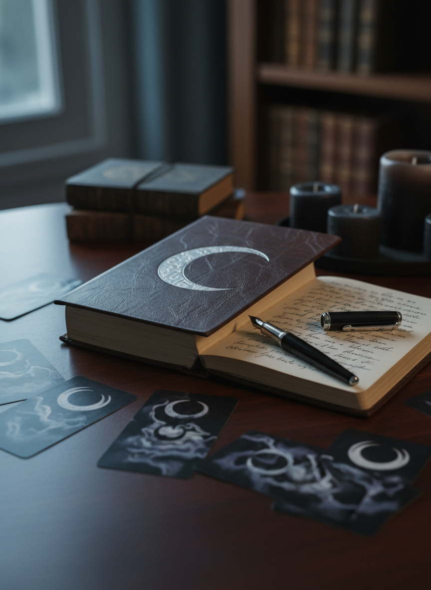 A leather-bound journal with a crescent moon embossed in silver on its cover lies half-open on a dark wooden desk, a single black fountain pen resting diagonally across its creamy, handwritten pages. Around it, scattered tarot-like cards depict abstract moons and shadows in deep indigos and charcoals. Soft, cool evening light from an unseen window grazes the tabletop, creating long, delicate shadows and subtle reflections in the pen’s metal nib. The background falls into a gentle blur of shelves lined with indistinct books and candles. Photographed at eye level with a shallow depth of field, the mood is sophisticated, mysterious, and quietly inviting, evoking the threshold of a story about to be told.